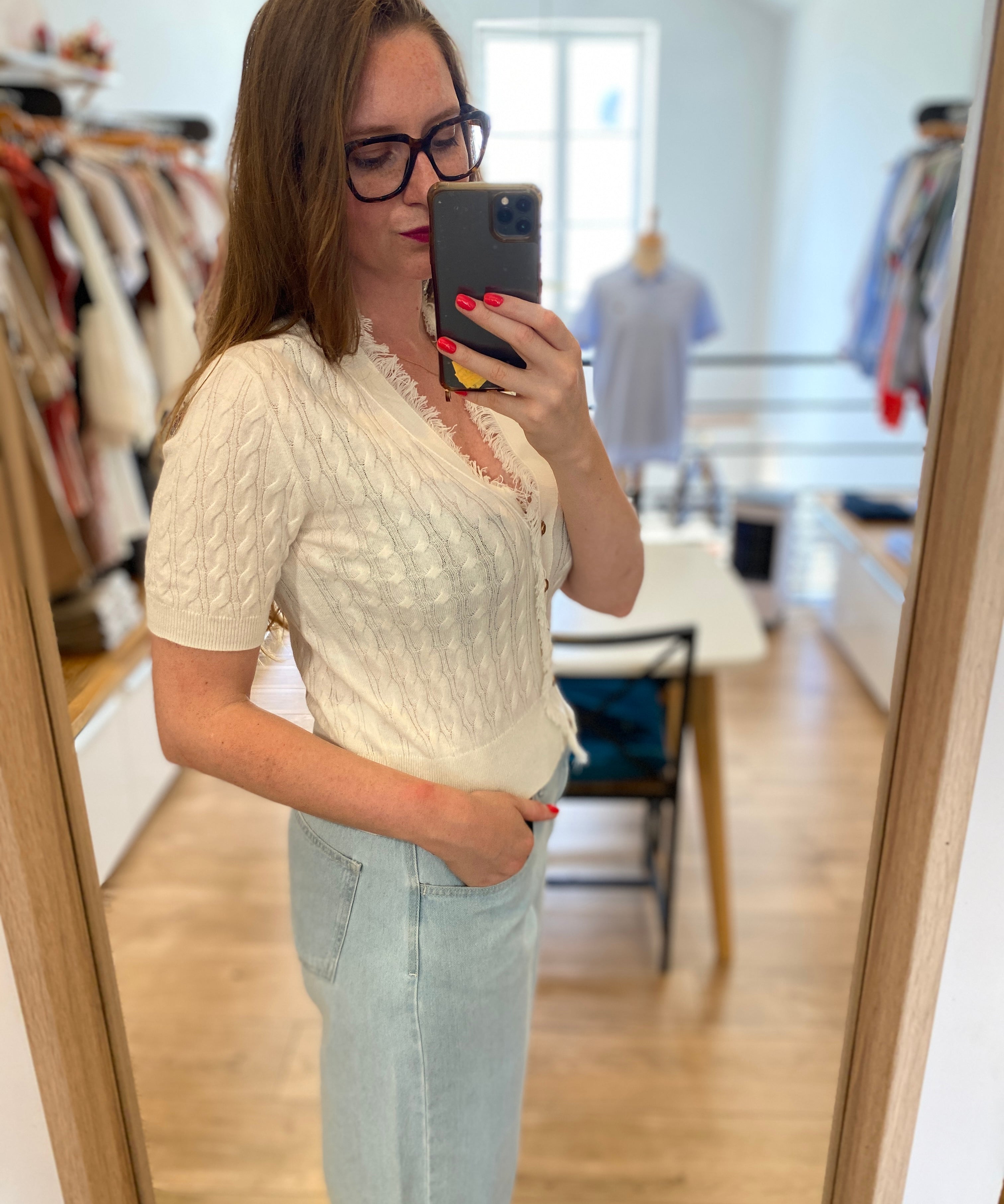 Cardigan en tricot torsadé à manches courtes B317235 - Ecru - IKKS WOMEN