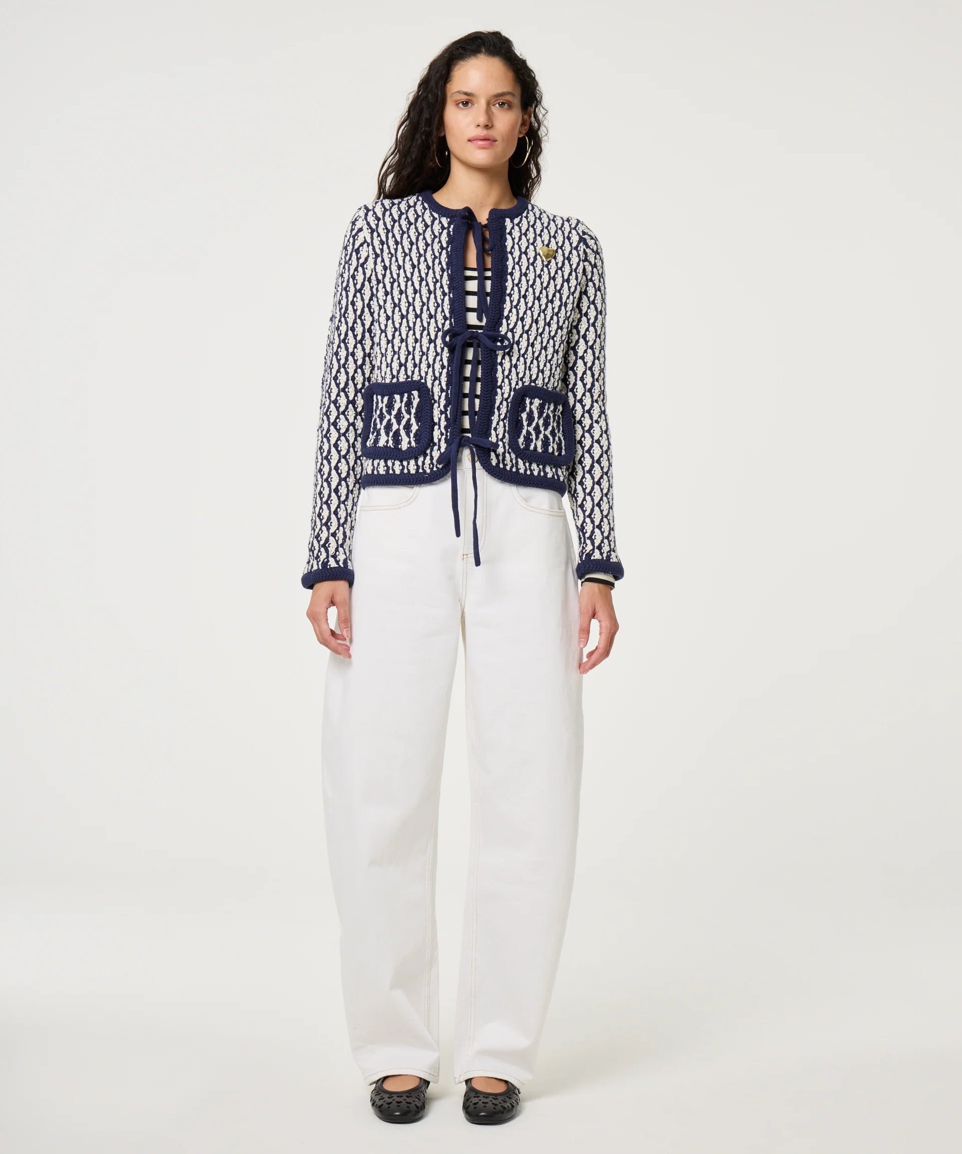 Cardigan à nœuds sur le devant jacquard Balou - Marine & Blanc - FABIENNE CHAPOT