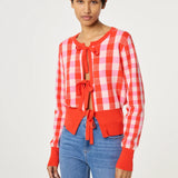 Cardigan court à carreaux noué Camille - Blanc & Tangerine - FABIENNE CHAPOT
