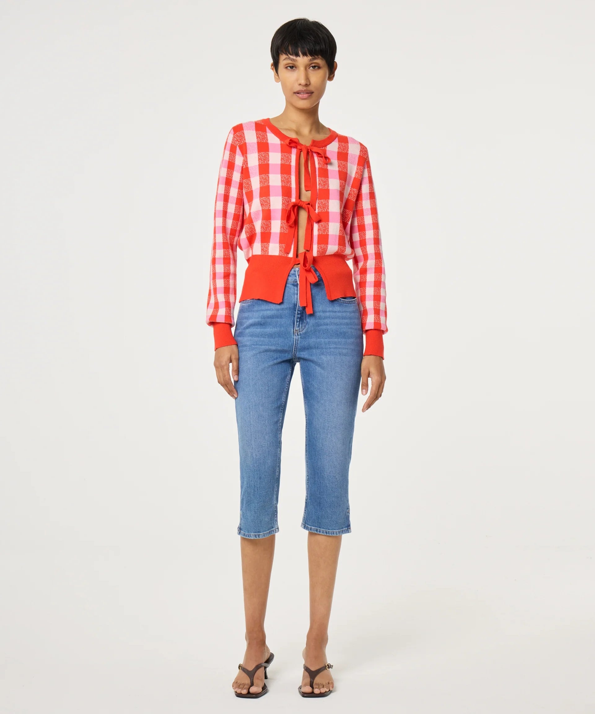Cardigan court à carreaux noué Camille - Blanc & Tangerine - FABIENNE CHAPOT