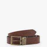 Ceinture réversible en cuir marron et tartan écossais BARBOUR HOMME enroulée avec sa boucle pivotante