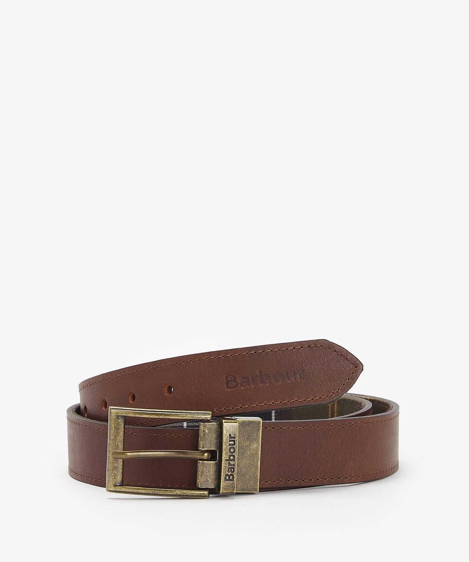Ceinture réversible en cuir marron et tartan écossais BARBOUR HOMME enroulée avec sa boucle pivotante