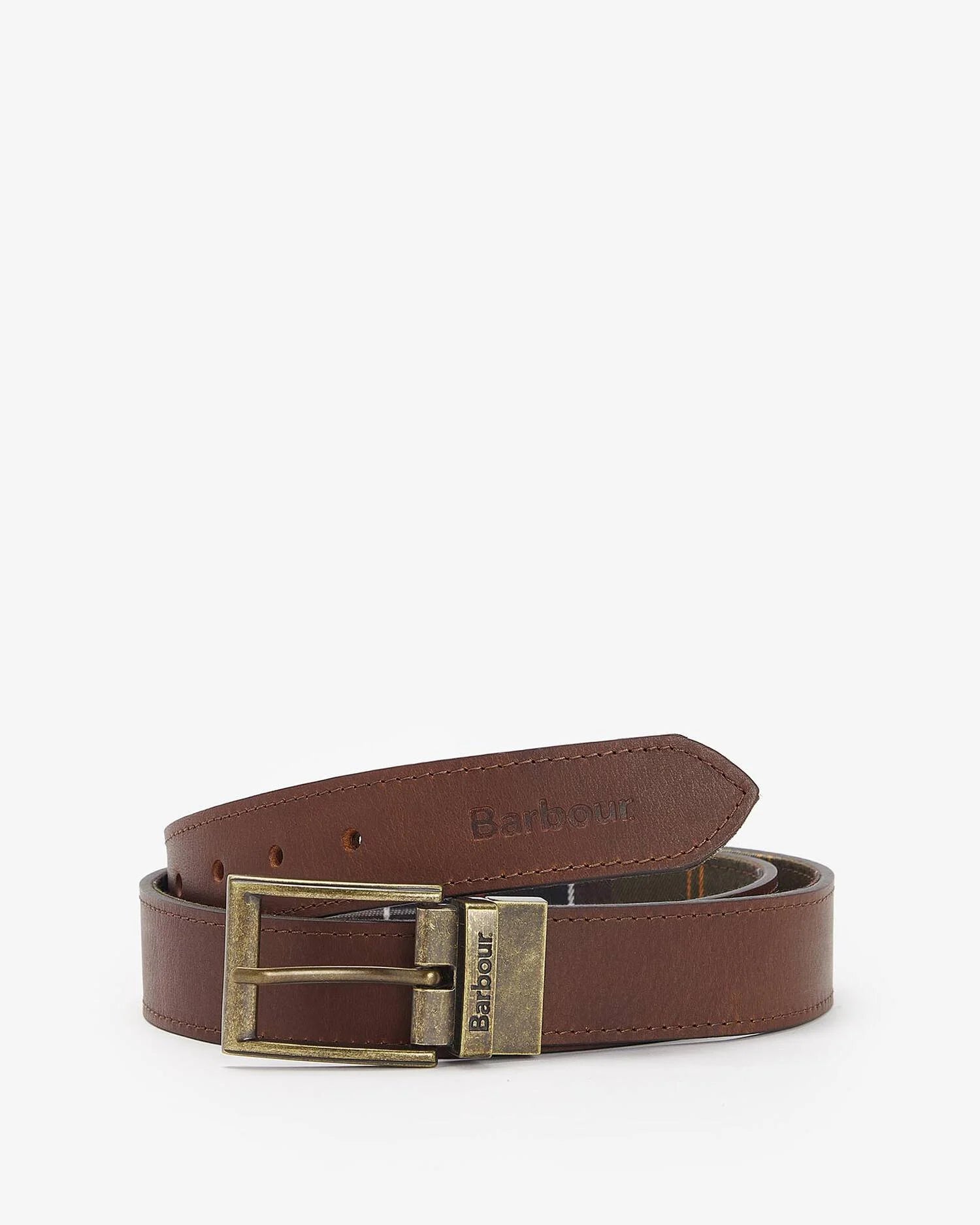 Ceinture réversible en cuir marron et tartan écossais BARBOUR HOMME enroulée avec sa boucle pivotante