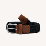 Ceinture tressée élastique noire FAGUO enroulée avec boucle métal et finitions nubuck marron
