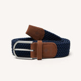 Ceinture tressée élastique bleu marine FAGUO enroulée avec embouts en nubuck marron