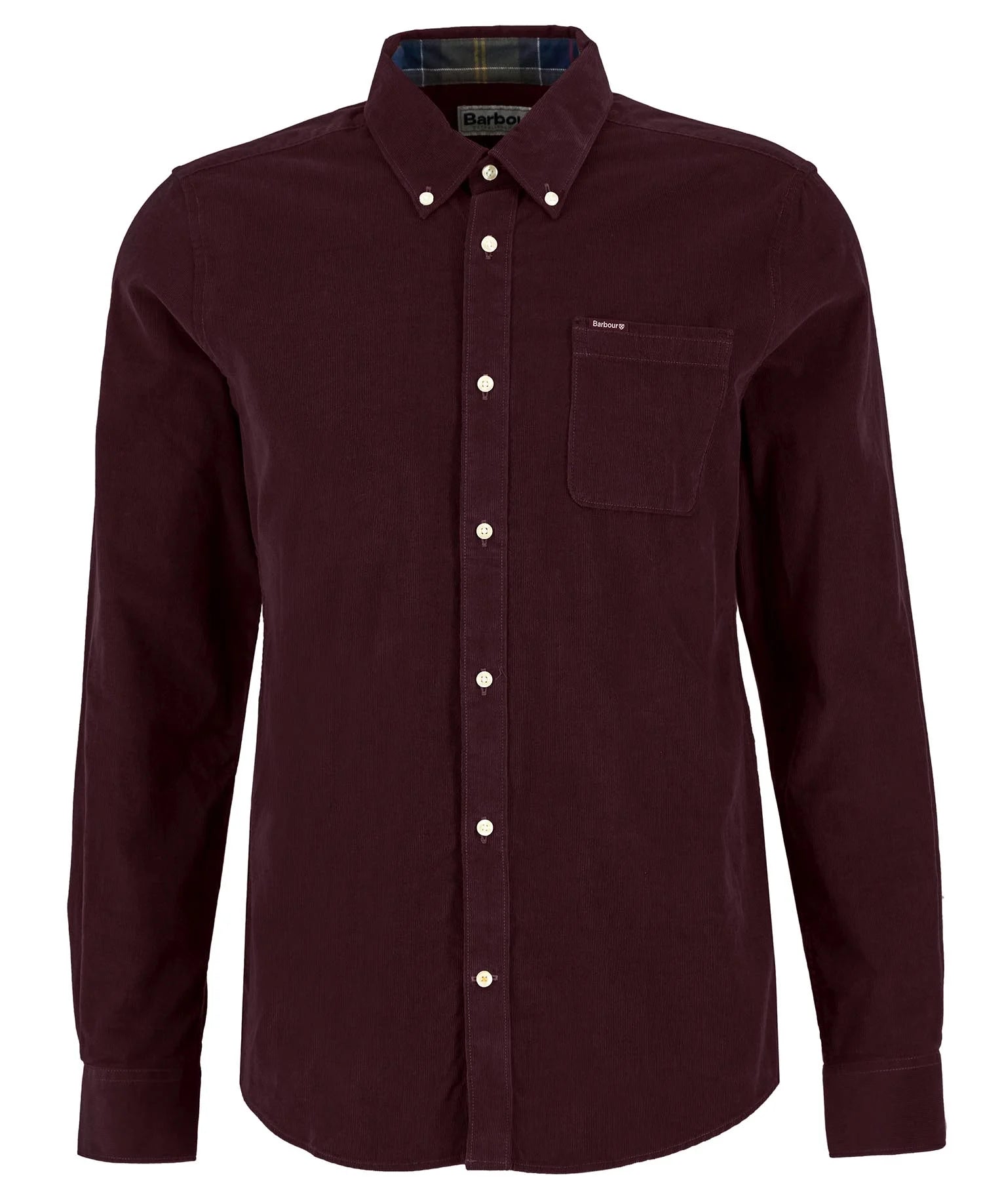 Photo à plat de la chemise en velours côtelé rouge hiver BARBOUR HOMME avec col boutonné et poche poitrine