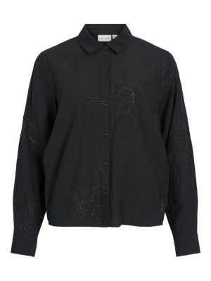 Photo a plat de la chemise Virelina noire VILA avec broderies florales brillant ton sur ton et col chemise