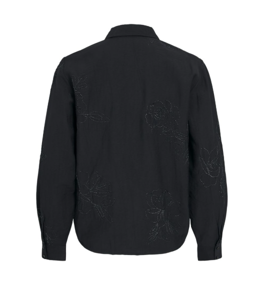 Vue de dos de la chemise Virelina noire VILA montrant les motifs fleurs brodes au fil brillant
