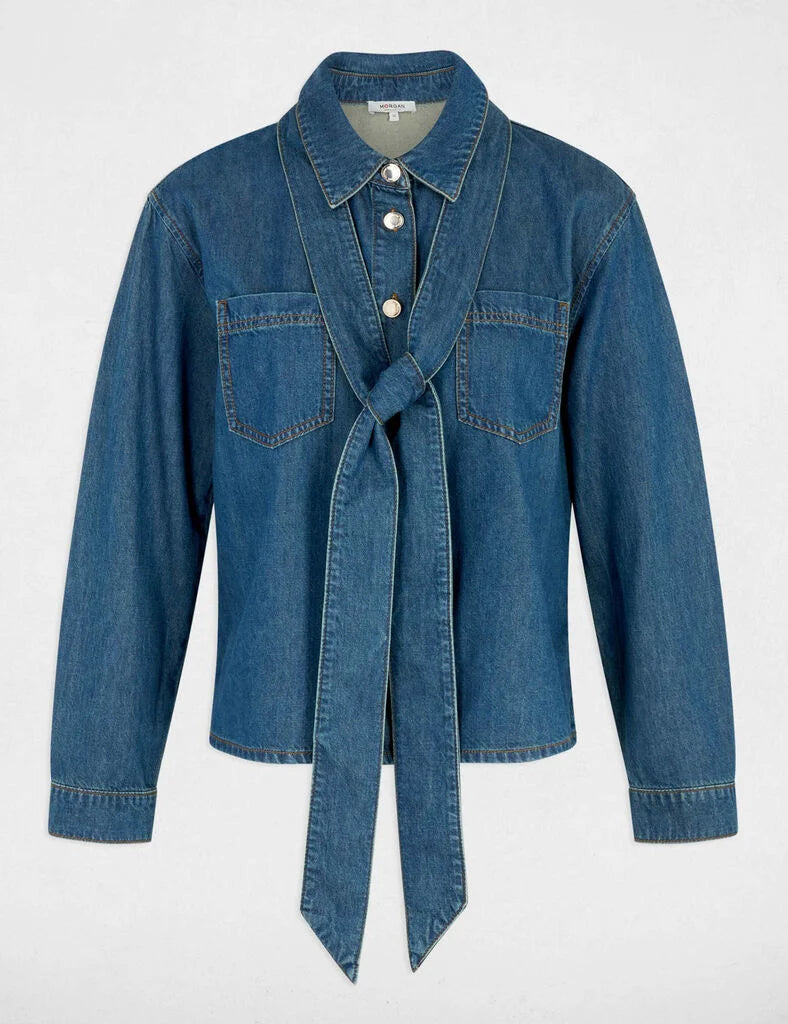Vue à plat de la chemise en jean avec col lavallière à nouer MORGAN
