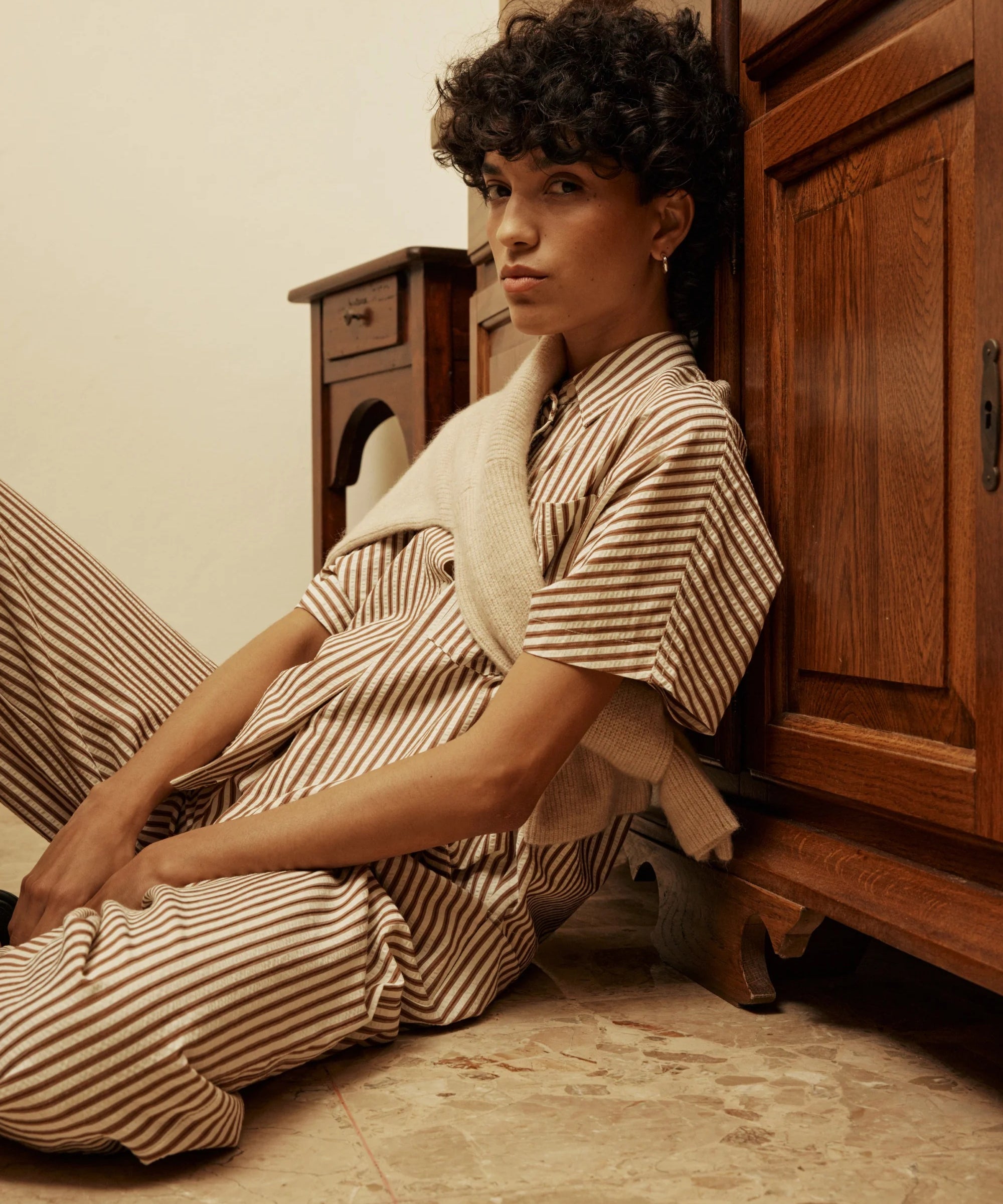 Chemise rayée oversize à manches courtes Vercia - Mocha - GRACE & MILA