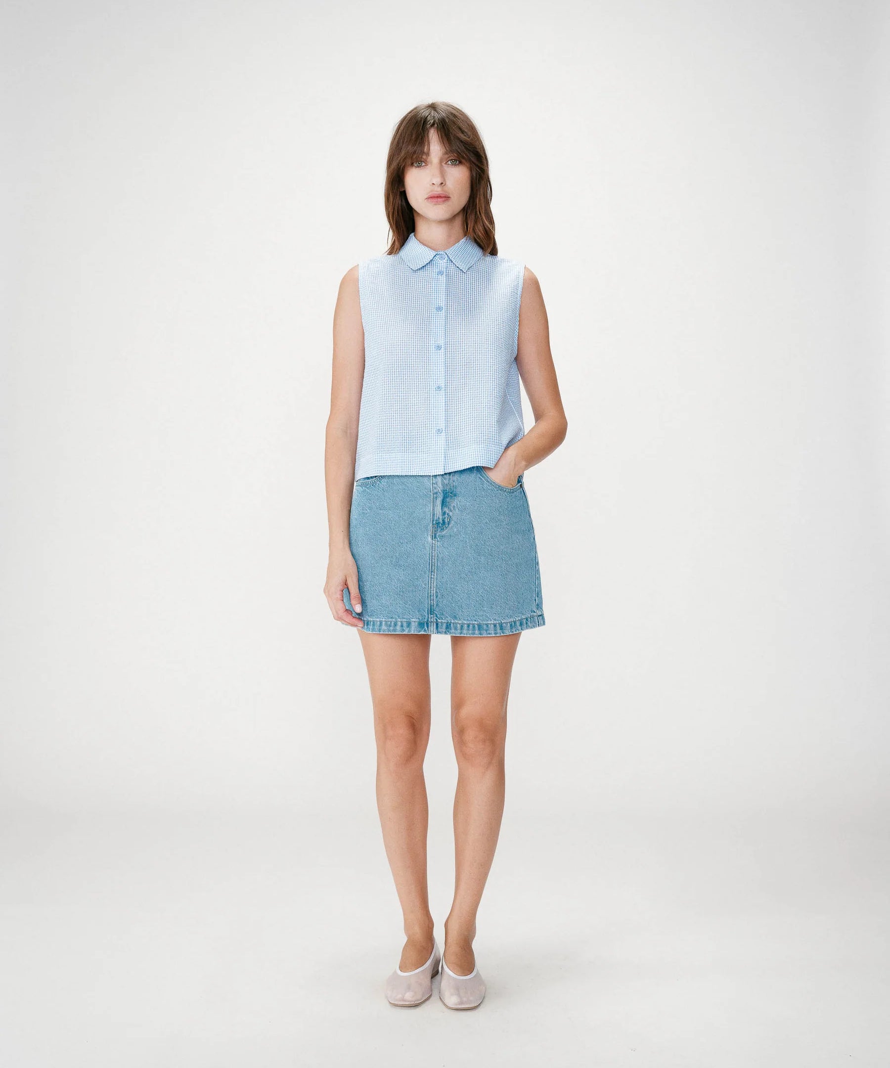 Chemise sans manches à petits carreaux vichy Windell - Ciel - GRACE & MILA