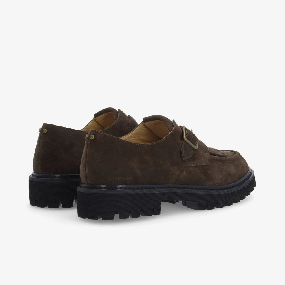 Vue arrière des derbies marron SCHMOOVE Mysen Buckle montrant la semelle crantée noire et le clou doré
