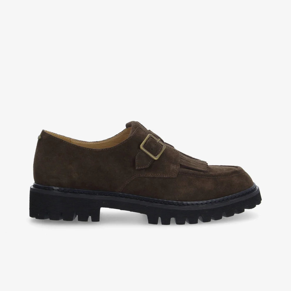 Vue profil des derbies marron SCHMOOVE Mysen Buckle montrant la semelle crantée noire 