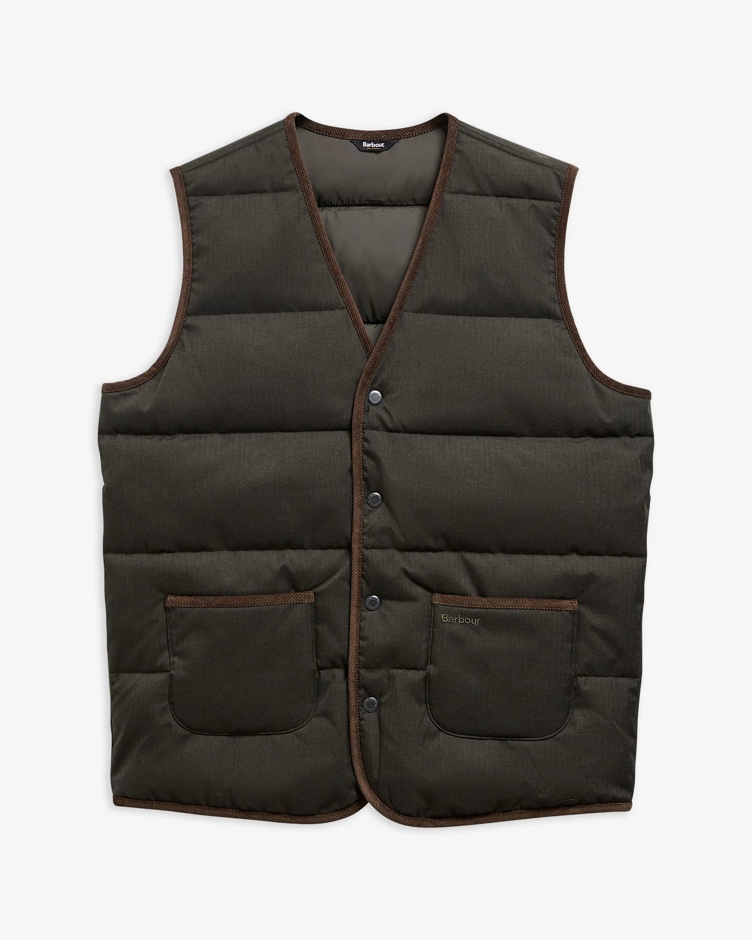 Vue à plat de la doudoune sans manches Easthill sauge foncé BARBOUR HOMME avec ses poches plaquées