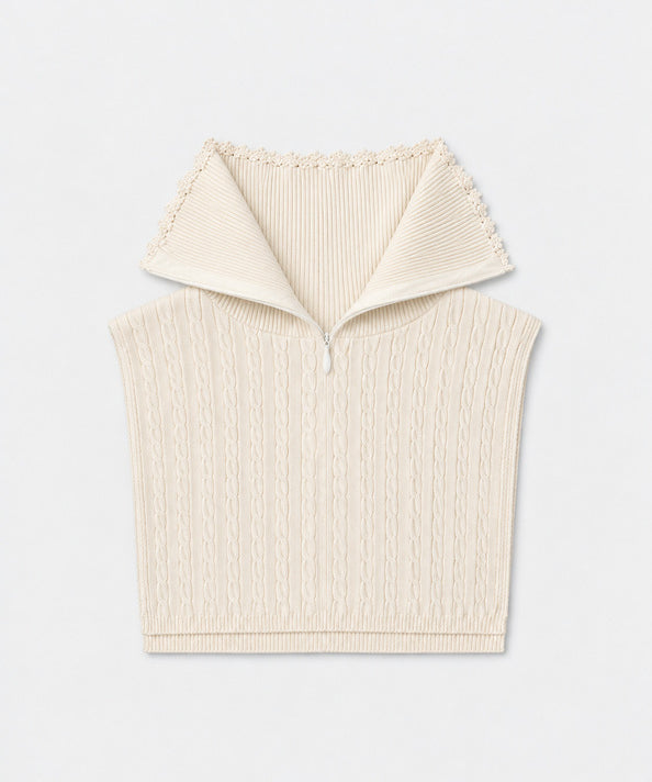 Écharpe plastron blanc cassé en maille torsadée SUNCOO Azral avec col camionneur ouvert zippé