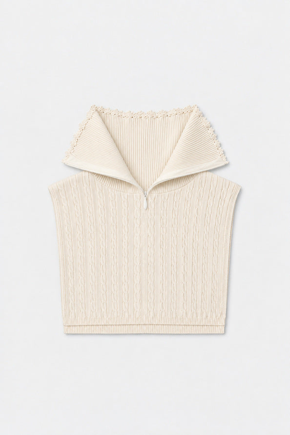 Écharpe plastron blanc cassé en maille torsadée SUNCOO Azral avec col camionneur ouvert zippé