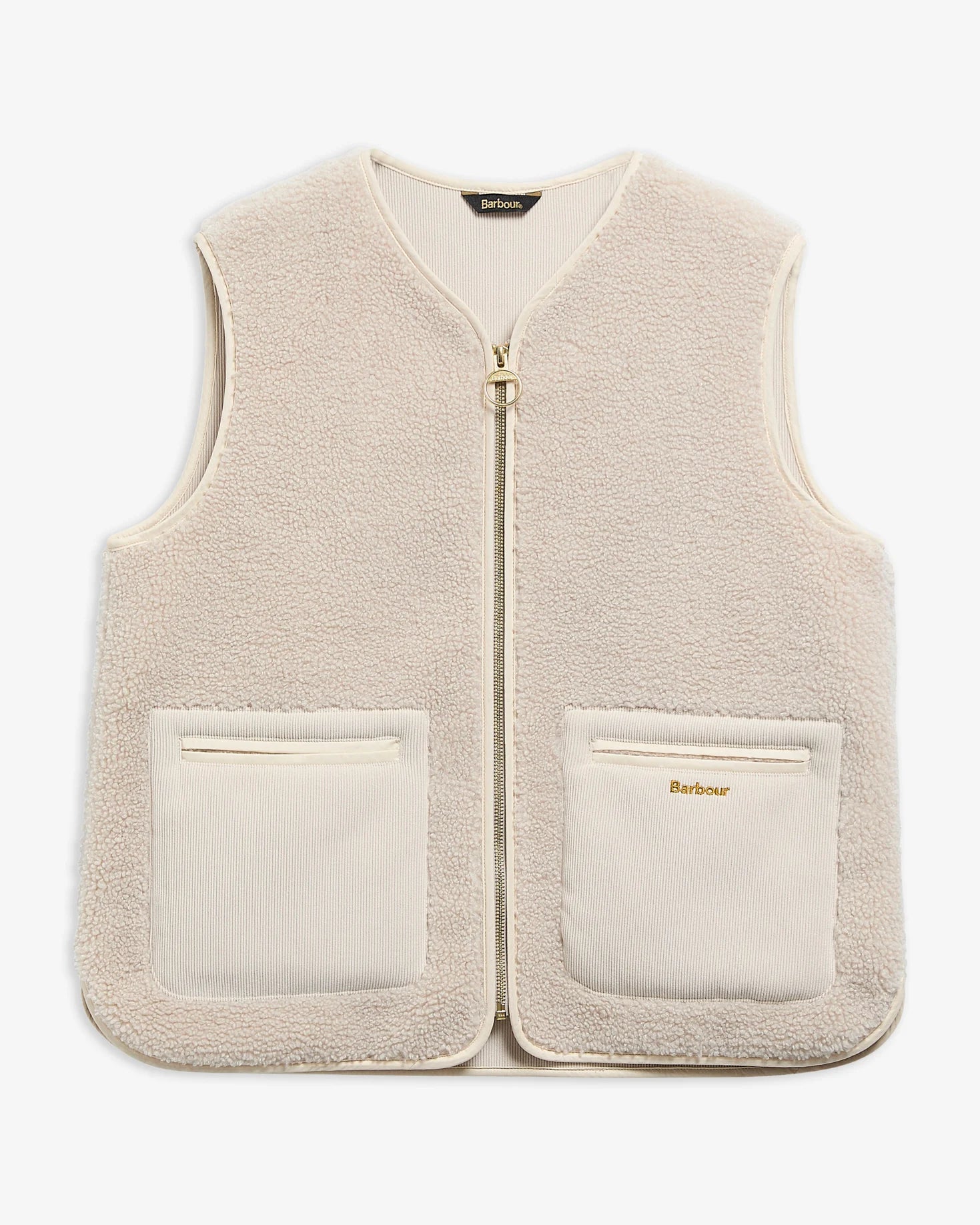 Vue à plat du gilet sans manches Bainford Teddy Beige BARBOUR FEMME avec poches plaquées