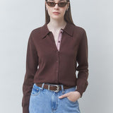 Gilet en maille fantaisie couleur café à col chemise SUNCOO FEMME Galla porté de face