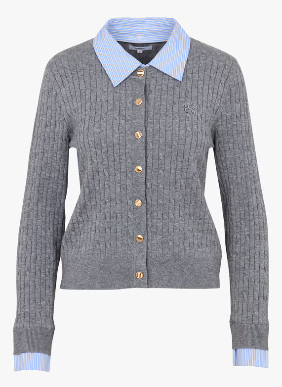 Visuel détouré du gilet torsadé gris chiné à col et poignets effet chemise SUNCOO FEMME Gasti