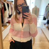 Gilet rayé en maille douce mohair Domette - Poudre et rose - DES PETITS HAUTS