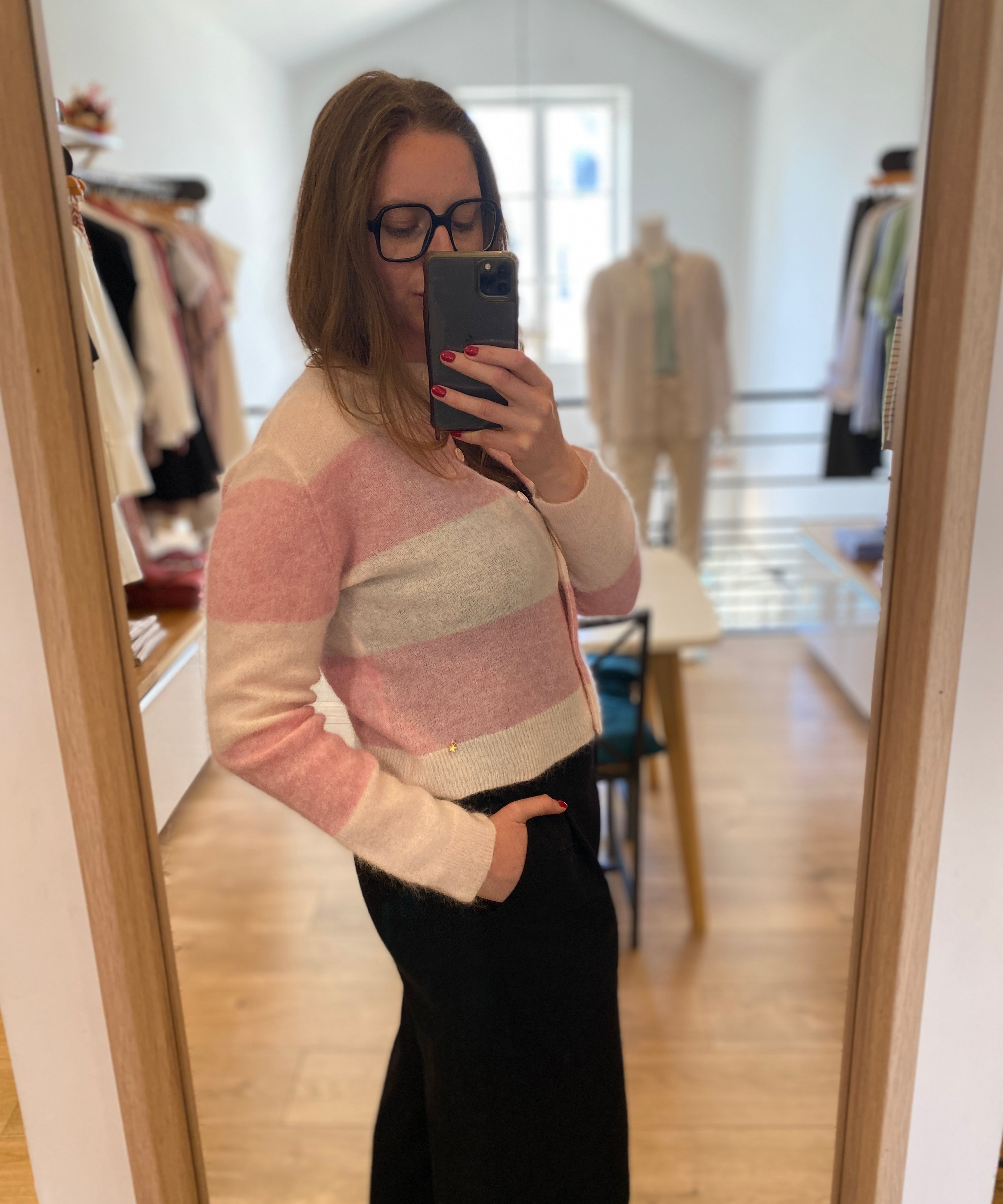 Gilet rayé en maille douce mohair Domette - Poudre et rose - DES PETITS HAUTS