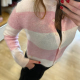 Gilet rayé en maille douce mohair Domette - Poudre et rose - DES PETITS HAUTS
