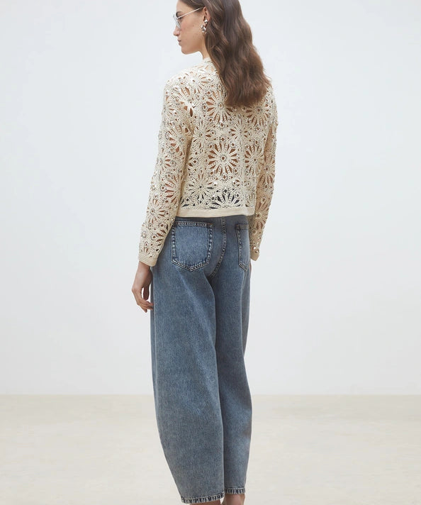 Gilet en crochet fleurs avec sequins discrets Dario - Beige - SUNCOO