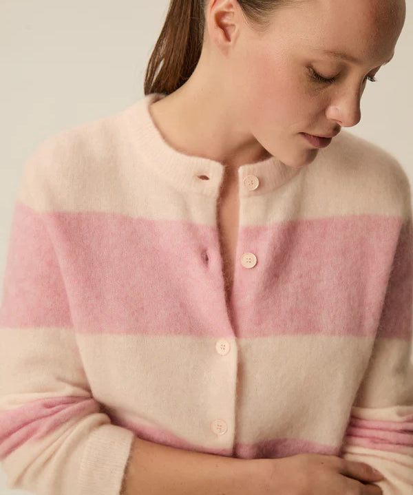 Gilet rayé en maille douce mohair Domette - Poudre et rose - DES PETITS HAUTS