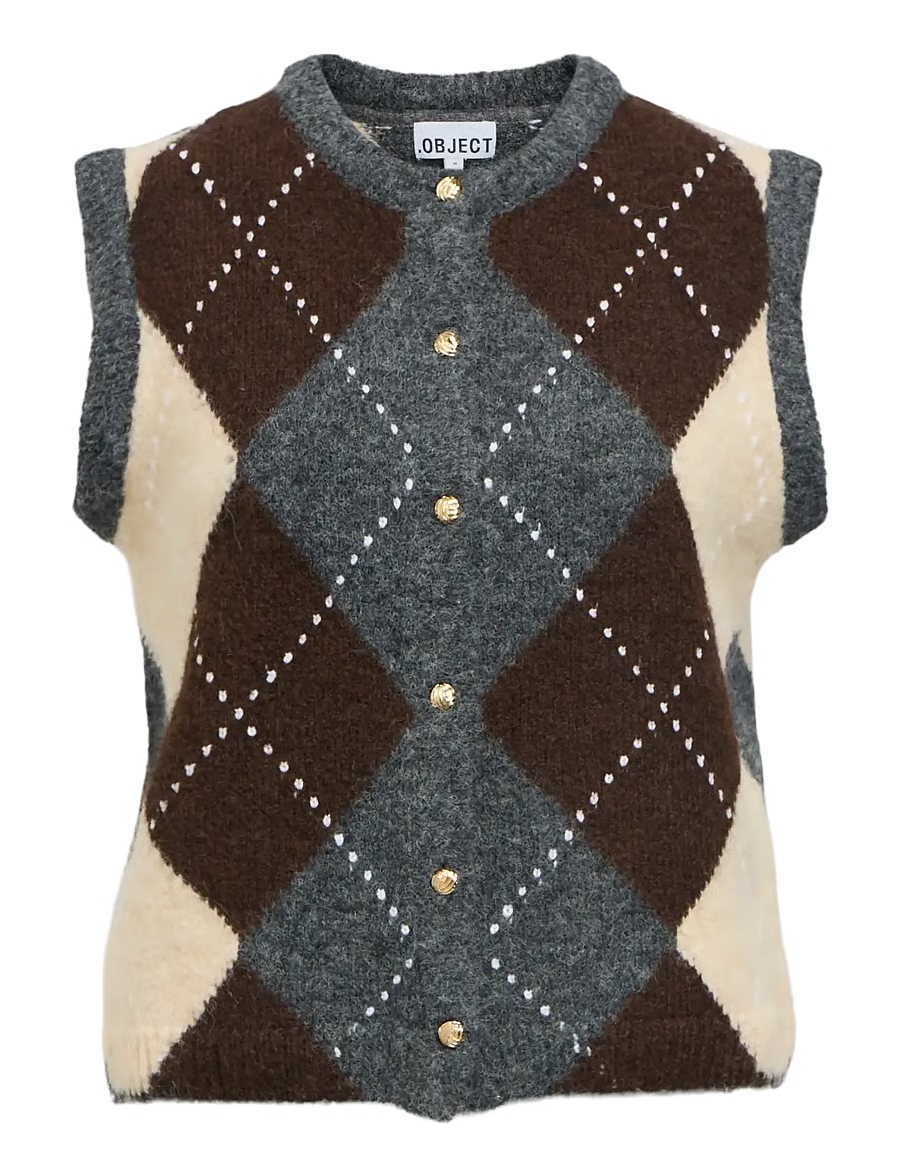 Gilet sans manches en maille à motif losanges et boutons métalliques dorés OBJECT Objbrenda vue à plat