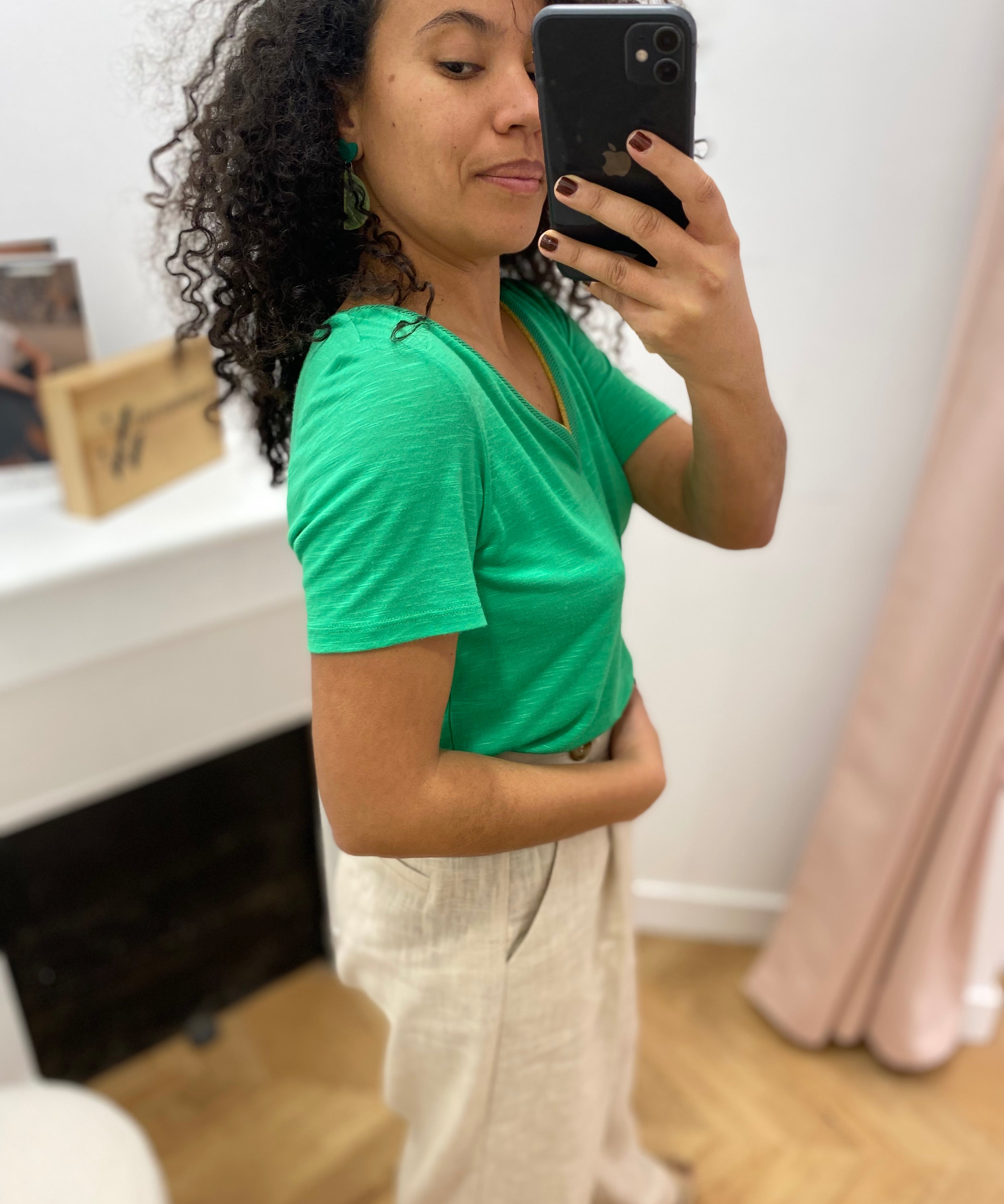 T-shirt manches courtes col V en lurex Vinoel - Kelly Green - VILA