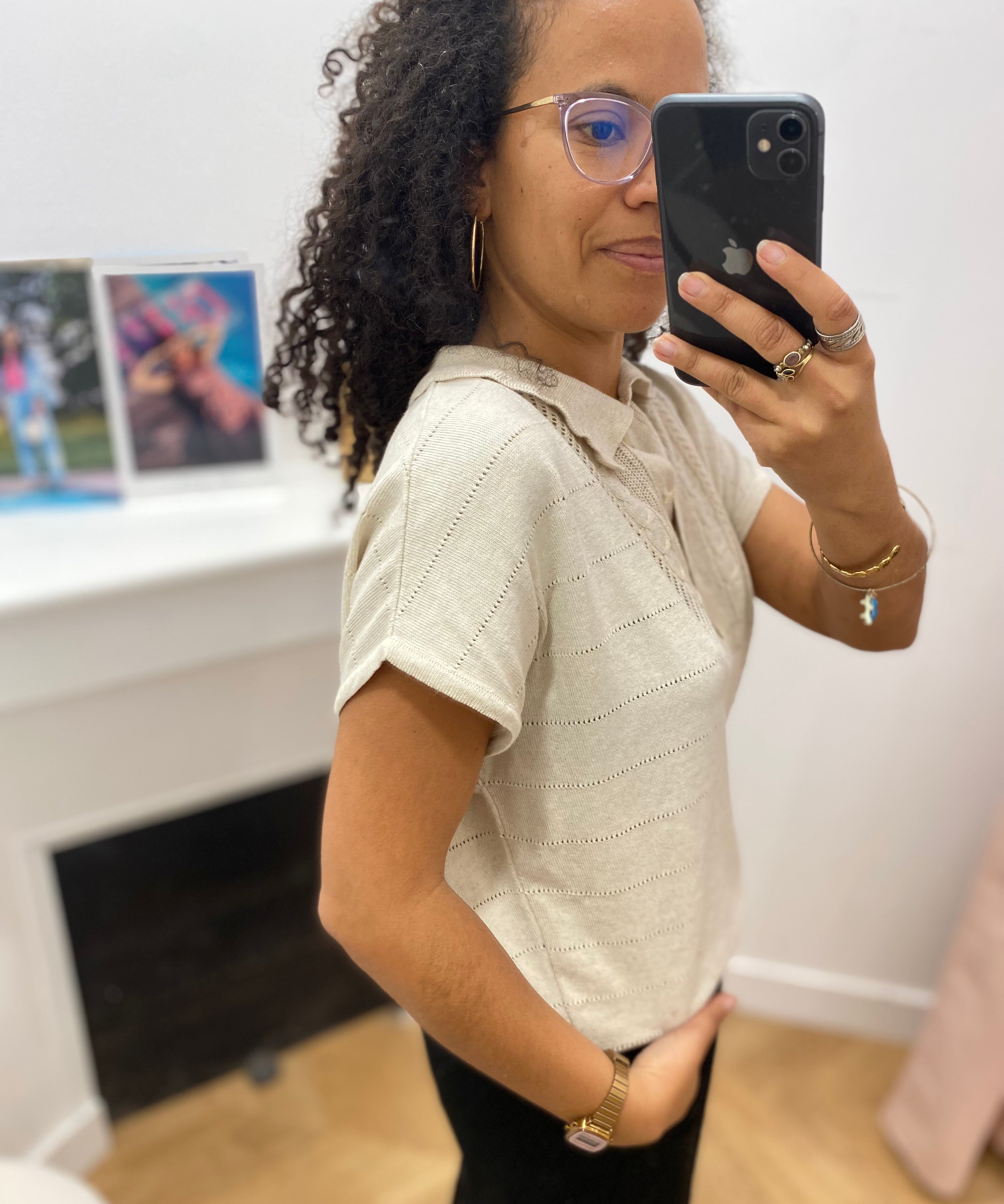 Polo maille ajourée col chemise - Natural - LOLA ESPELETA