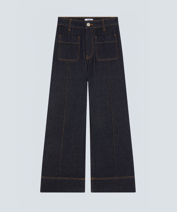 Visuel à plat du jean large bleu brut SUNCOO FEMME Rick à surpiqûres contrastées et poches plaquées