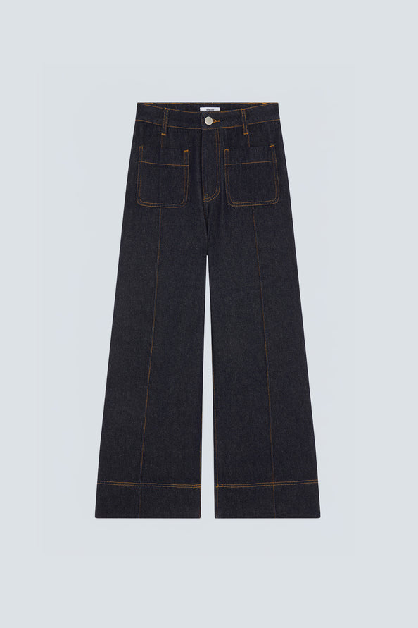 Visuel à plat du jean large bleu brut SUNCOO FEMME Rick à surpiqûres contrastées et poches plaquées