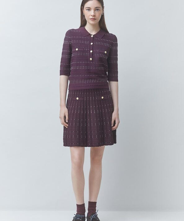 Look ensemble coordonné avec la jupe courte prune Fradela SUNCOO FEMME et son top polo assorti