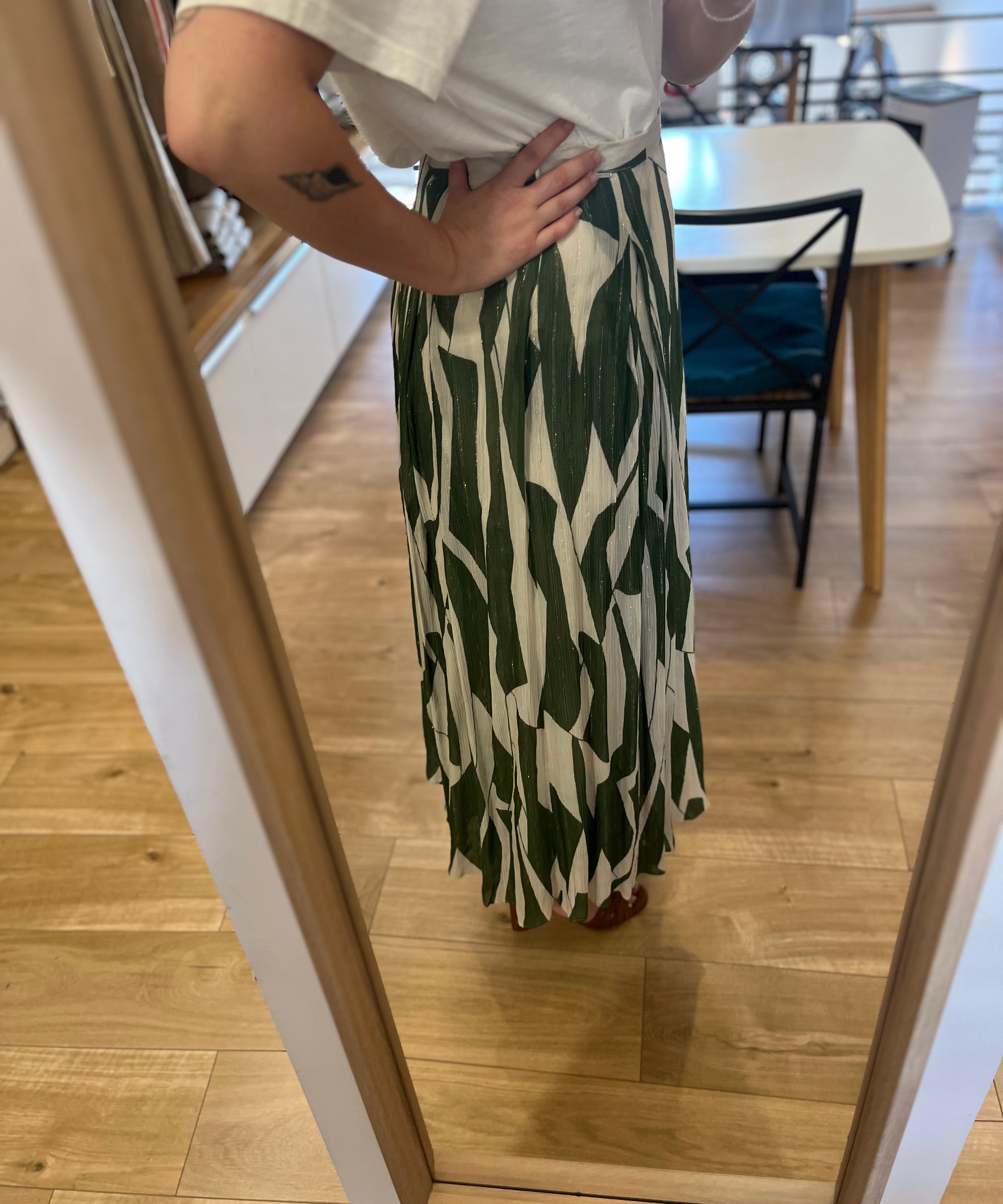 Jupe longue évasée en voile de soie imprimé B327305 - Vert - IKKS WOMEN