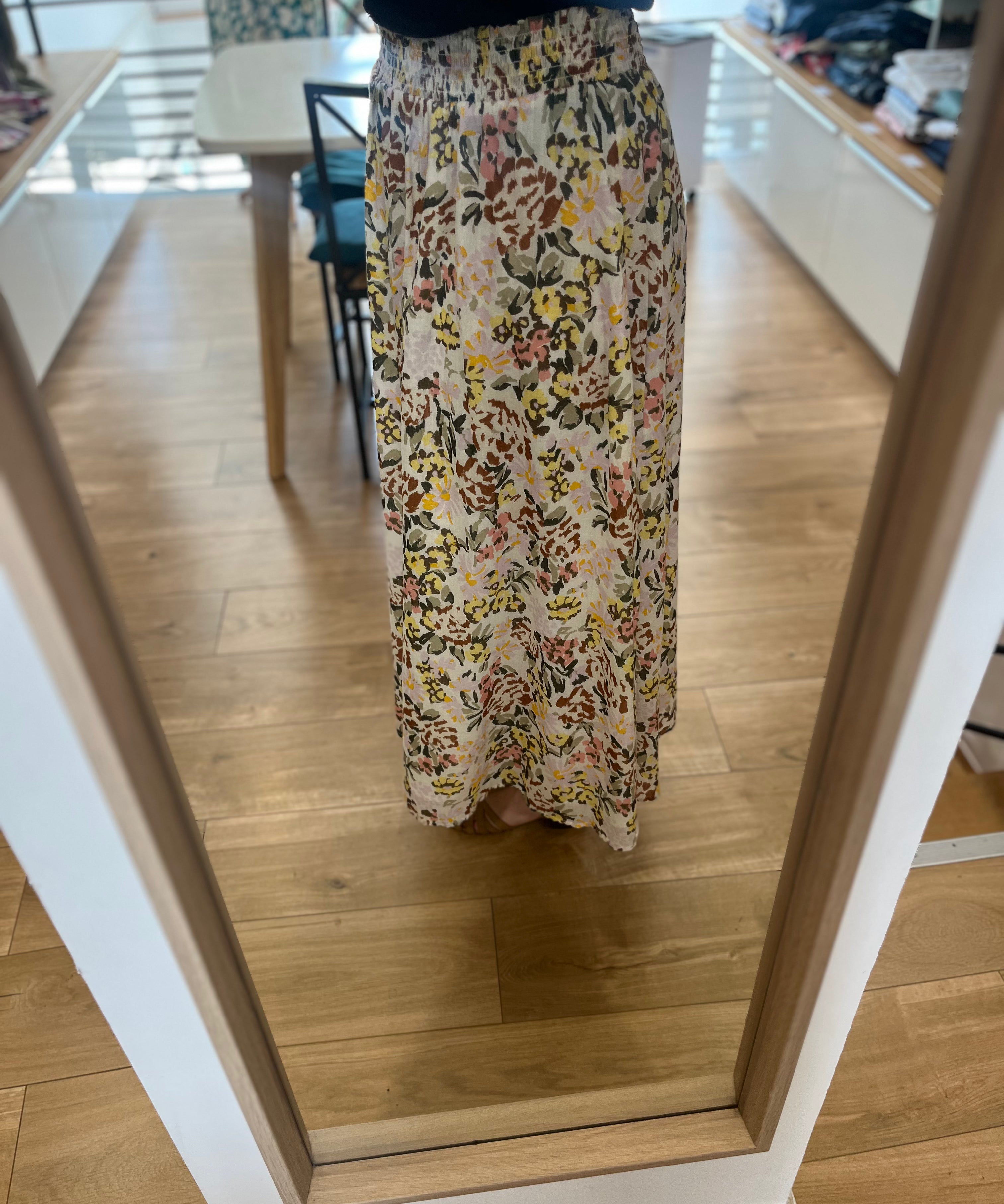 Jupe longue fleurie à taille smockée élastique Roxie - Verveine - DES PETITS HAUTS