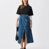 Jupe jean midi à taille haute asymétrique B327245 - Turquoise - IKKS WOMEN
