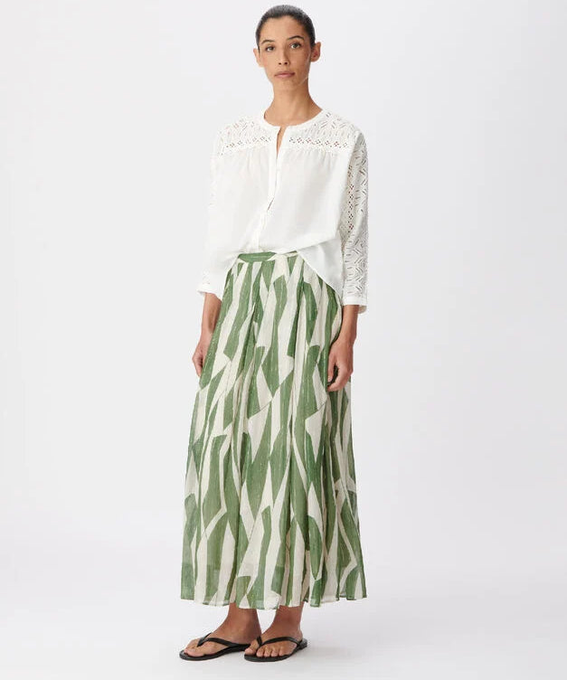 Jupe longue évasée en voile de soie imprimé B327305 - Vert - IKKS WOMEN