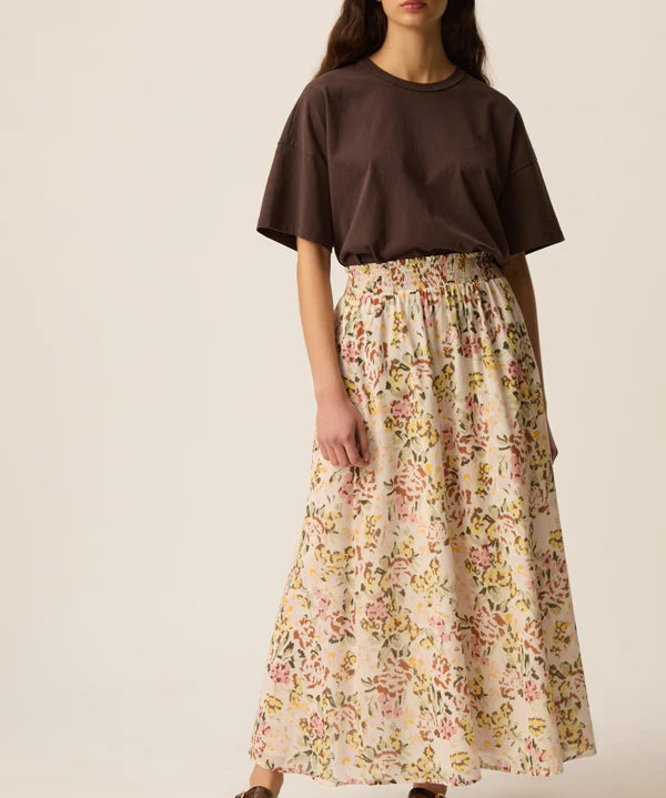 Jupe longue fleurie à taille smockée élastique Roxie - Verveine - DES PETITS HAUTS