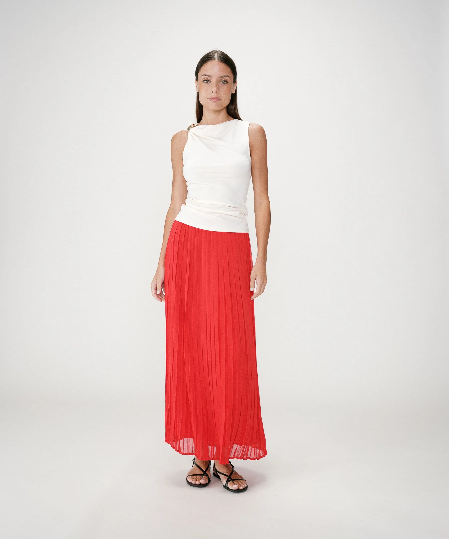 Jupe maxi plissée fluide et doublée Walina - Rouge  - GRACE & MILA