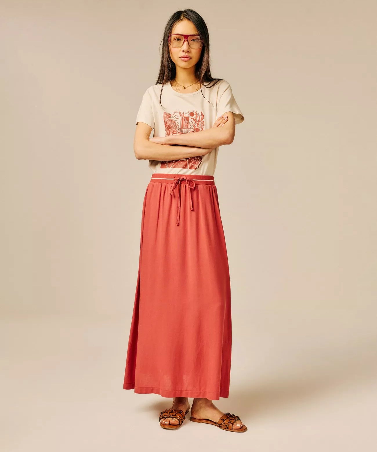 Jupe mi-longue en viscose effet lin Tinga - Argile - SUN VALLEY FEMME