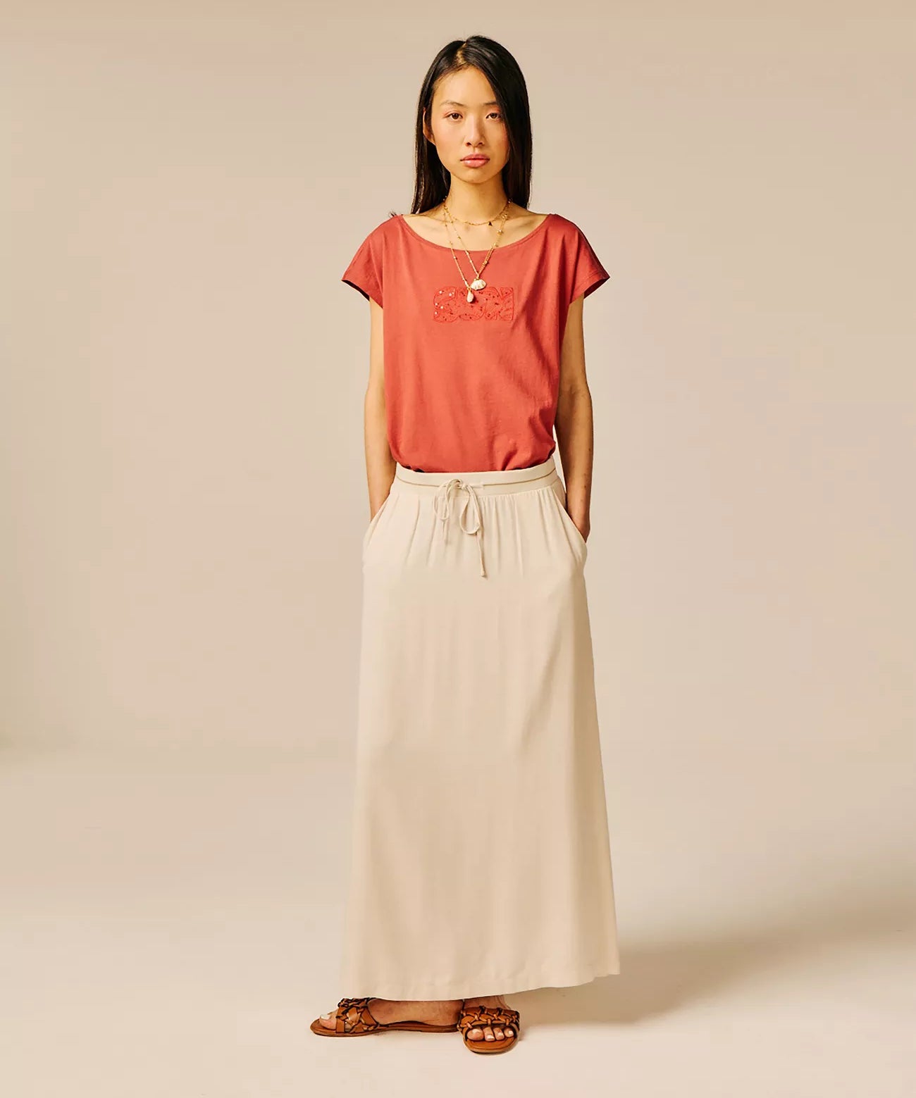 Jupe mi-longue en viscose effet lin Tinga - Beige clair - SUN VALLEY FEMME