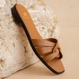 Mules plates en cuir à brides entrelacées Thaïs - Noisette - BOBBIES FEMME