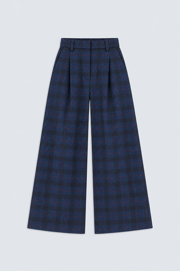 Visuel à plat du pantalon palazzo à carreaux bleu nuit SUNCOO FEMME July
