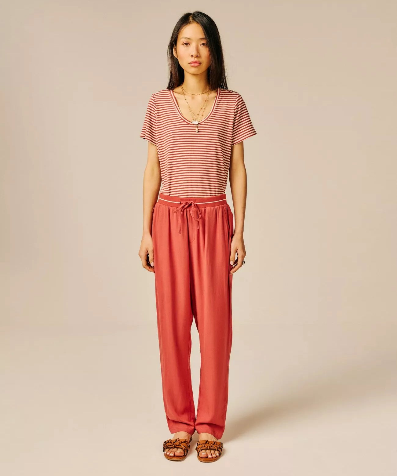 Pantalon droit en viscose effet lin Volgam - Argile - SUN VALLEY FEMME