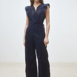 Pantalon évasé brodé avec ceinture à nouer Jules - Bleu profond - SUNCOO