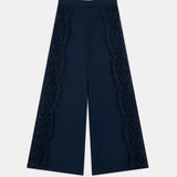 Pantalon évasé brodé avec ceinture à nouer Jules - Bleu profond - SUNCOO