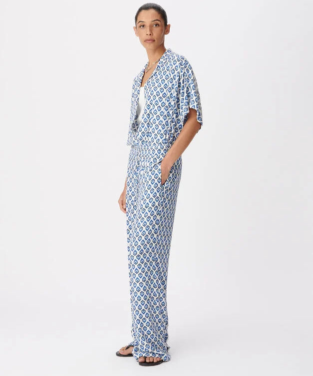 Pantalon large en viscose imprimé fleuri - Bleu grisé - IKKS WOMEN