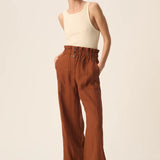 Pantalon paperbag en lin Estelle - Choco - DES PETITS HAUTS