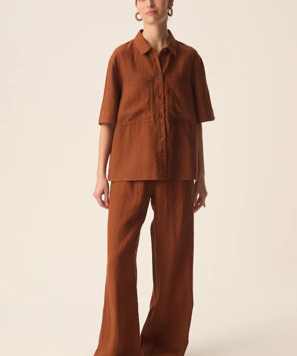 Pantalon paperbag en lin Estelle - Choco - DES PETITS HAUTS